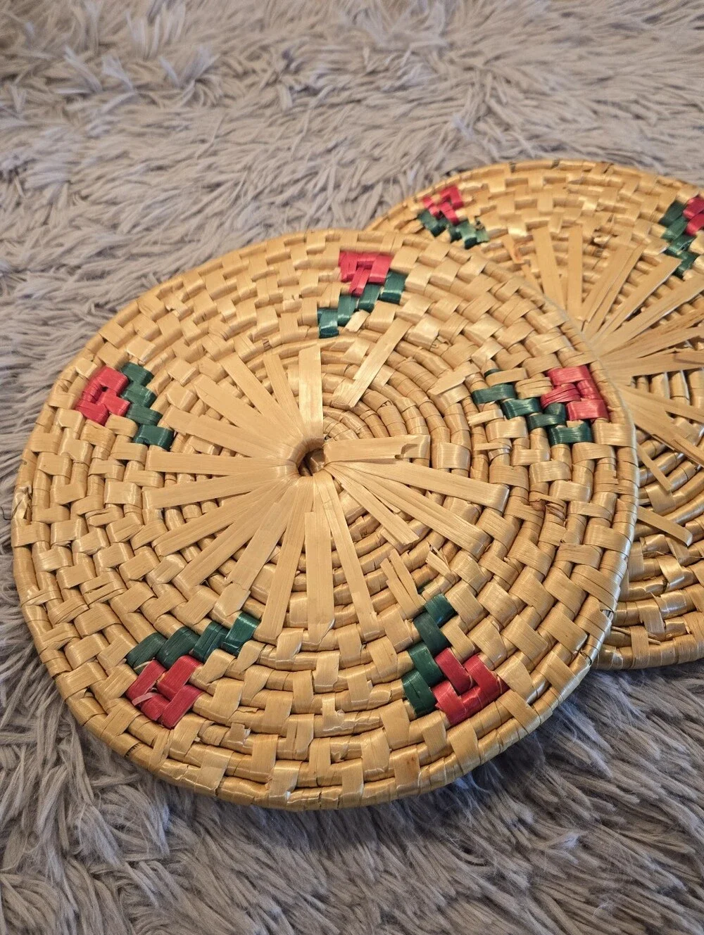 Vintage Trivets Handwoven Round Rattan Coasters with Red & Green Accents
